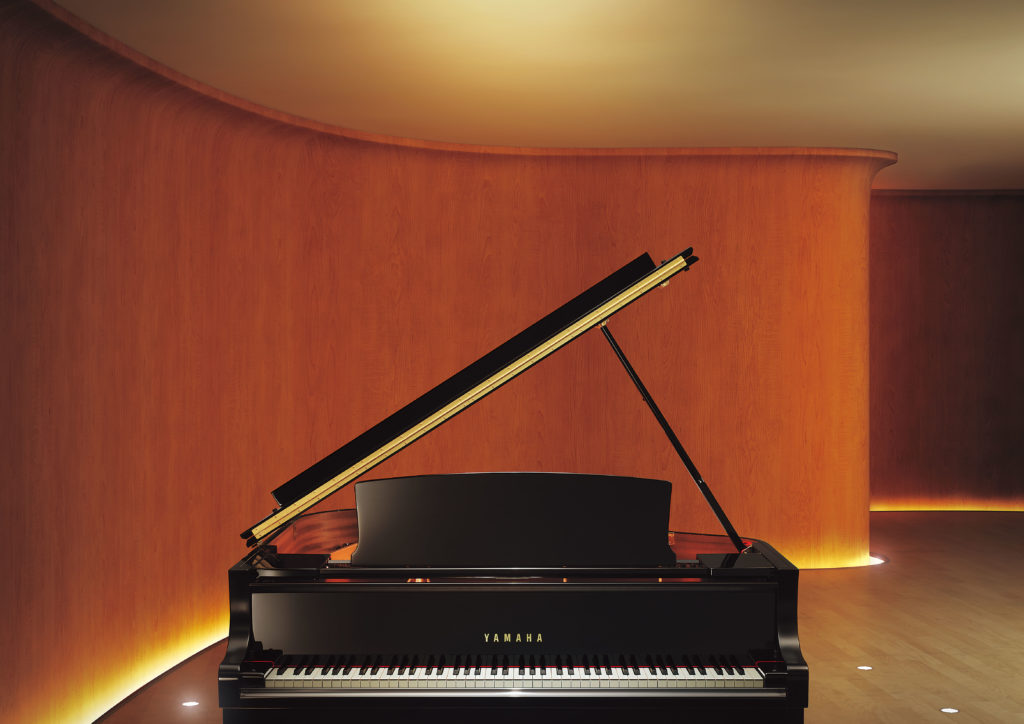Yamaha CX series grand piano, front view with lid open